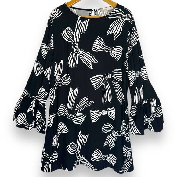 Ann Taylor LOFT NWT Women Bow Flounce Cuff Mini Dress L Black White Bell Sleeve - Picture 13 of 14